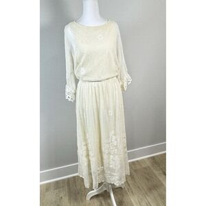 Vintage Ivory Crochet Lace Midi Dress S/M Cotton Cottagecore Romantic Prairie